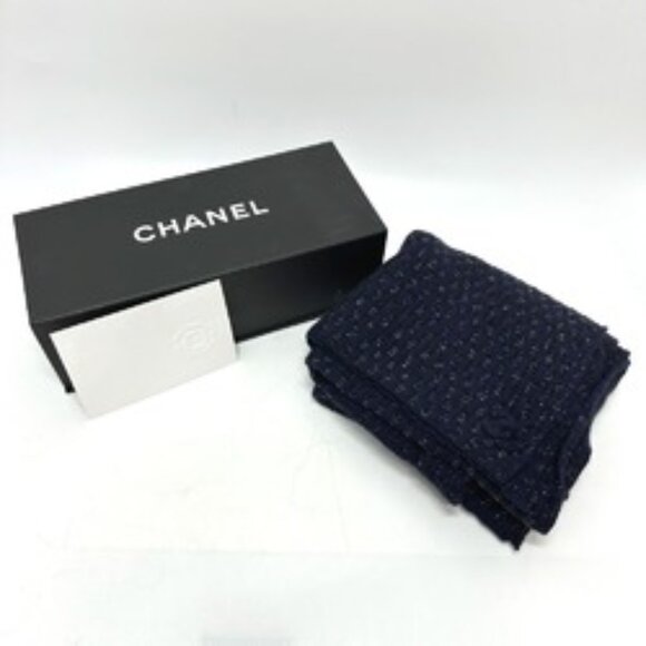 #106 CHANEL Coco Mark Braided Shawl Apparel Accessories Stole Logo Scarf Blue - Picture 6 of 9